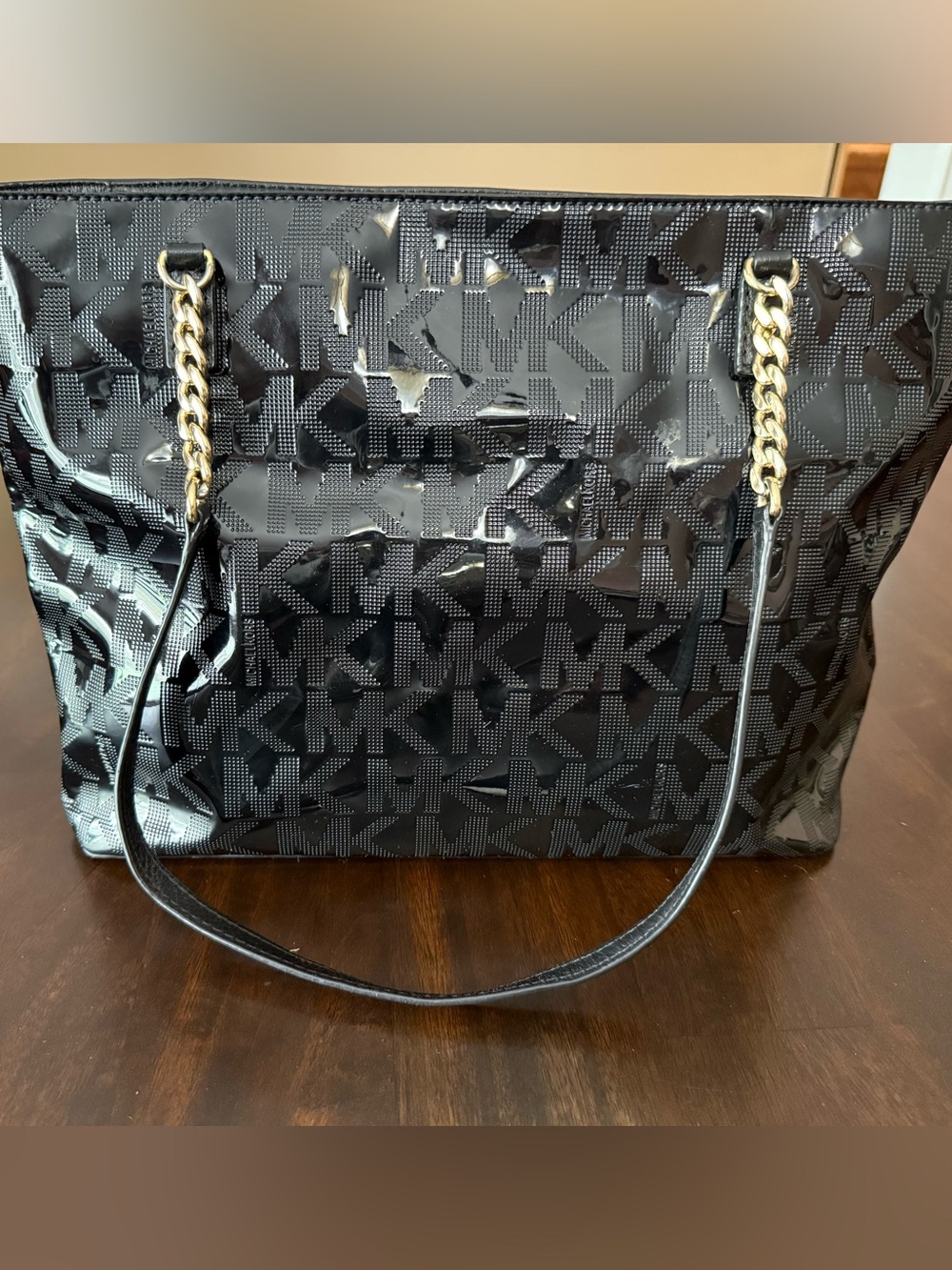 Michael Kors Black Patent Logo Tote with Gold Chain Handles